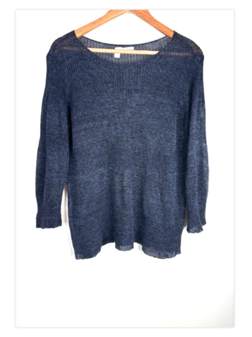 Eileen Fisher 100% Linen Sweater L Navy Long Sleeve Knit Minimalist Lagenlook
